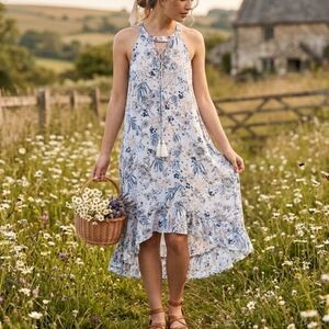 Ethereal Floral High Low Dress Size M  Sleeveless Hi Low Midi Dress Pink Blue